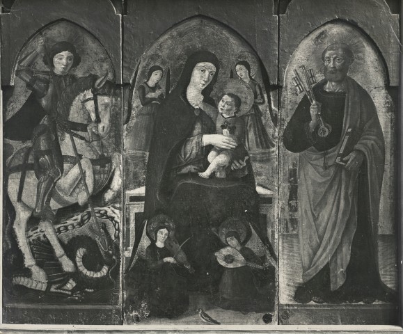 Anonimo — Anonimo siciliano - sec. XV - Madonna con Bambino in trono e angeli; San Giorgio; San Pietro — insieme